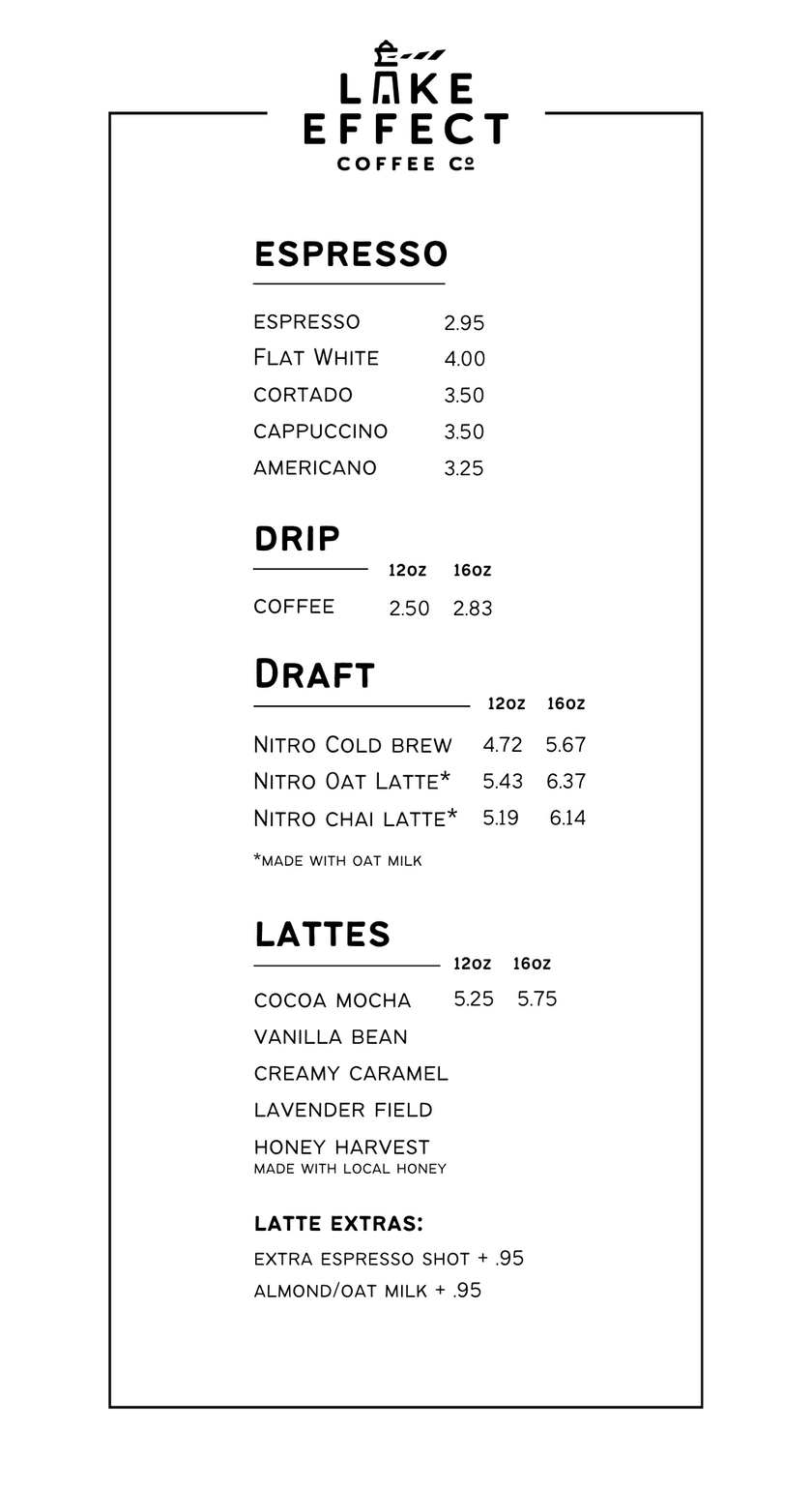 Menu Lake Effect Coffee Company